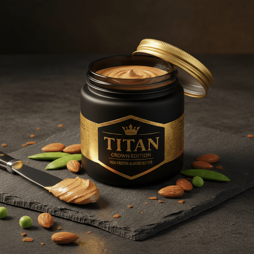 TITAN Almond Butter Protein Spread High Protein Crown Edition — premium wide-mouth black glass jar product shot