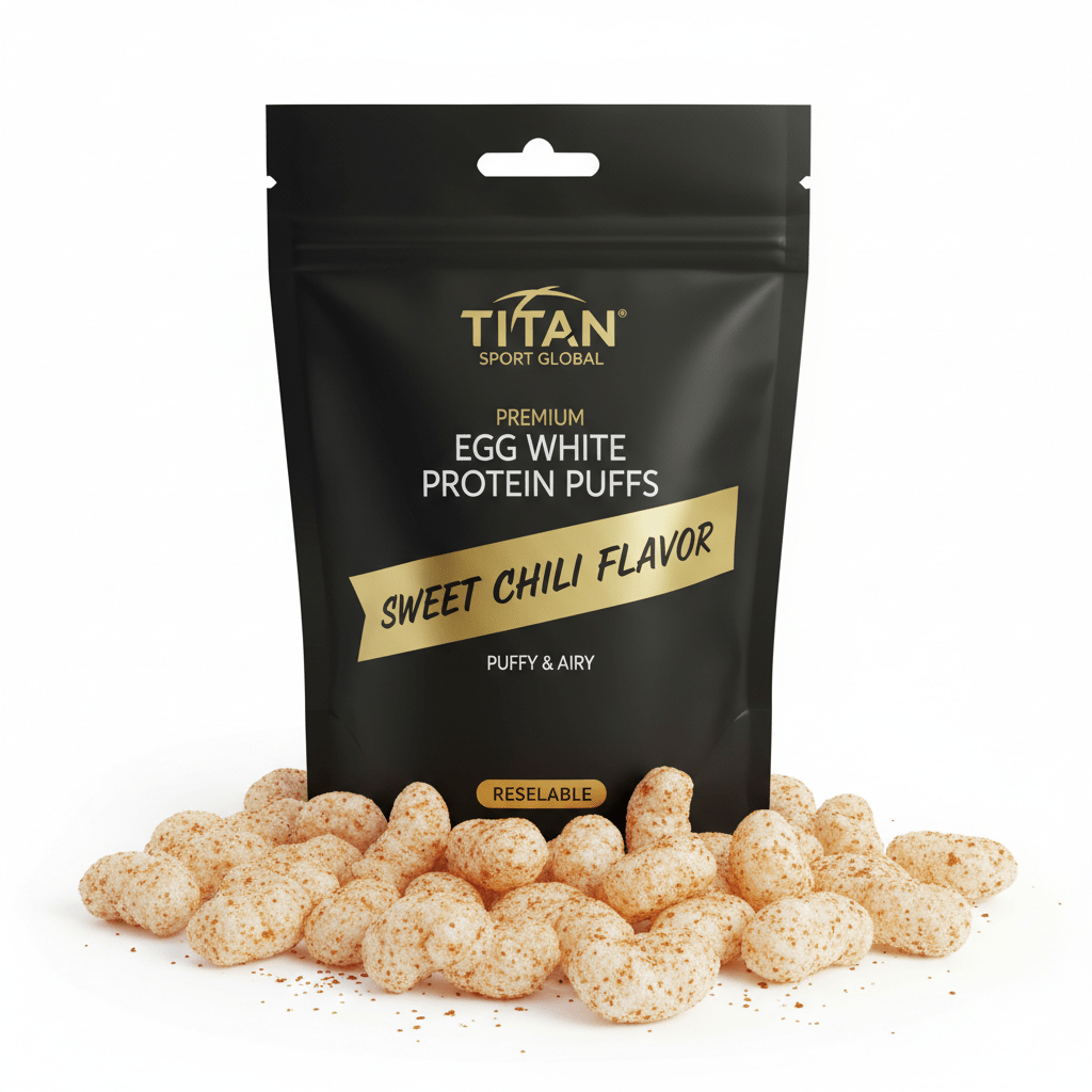 TITAN Egg White Protein Puffs Sweet Chili — matte black pouch