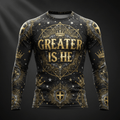 TITAN Men's Compression Shirt Greater Is He Crown Edition flat lay