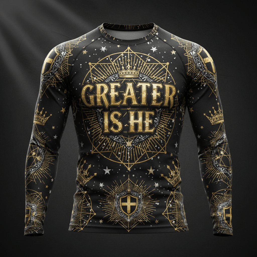 TITAN Men's Compression Shirt Greater Is He Crown Edition flat lay