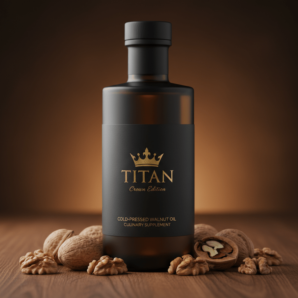 TITAN Walnut Oil Cold-Pressed Crown Edition — premium frosted glass bottle product shot
