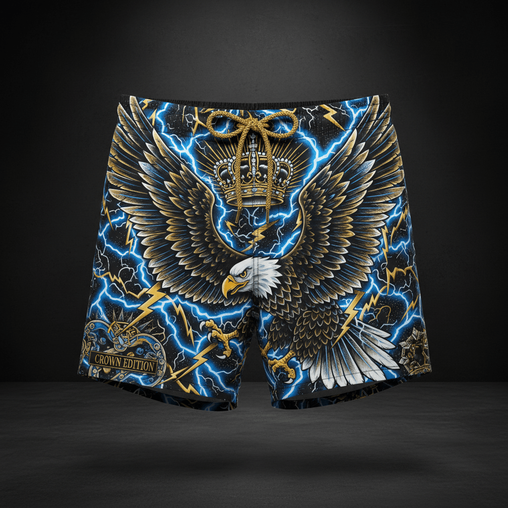 TITAN Crown Edition Men's Swim Trunks — Eagle & Lightning tattoo artwork on matte black fabric