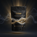 TITAN Glycine Amino Acid Powder container with 24K gold accents and flowing silk collagen fiber ribbon artwork in pearl white and warm gold