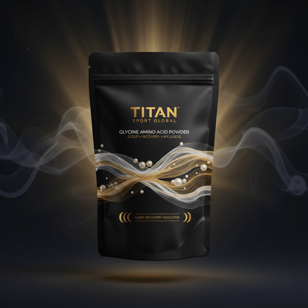 TITAN Glycine Amino Acid Powder container with 24K gold accents and flowing silk collagen fiber ribbon artwork in pearl white and warm gold