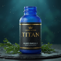 TITAN Algae Omega-3 Oil DHA EPA Crown Edition — premium ocean blue frosted glass bottle product shot