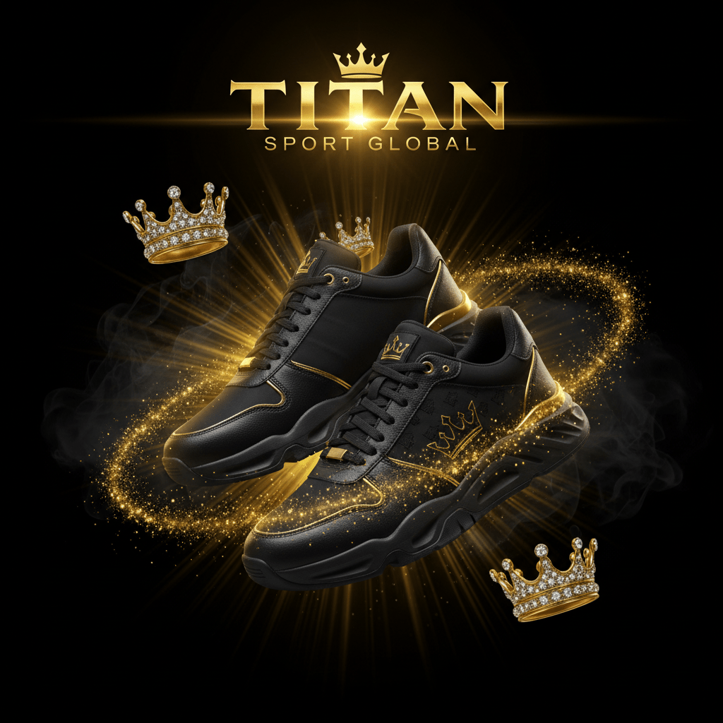 TITAN SPORT GLOBAL tennis court shoes with gold crown branding on dark background