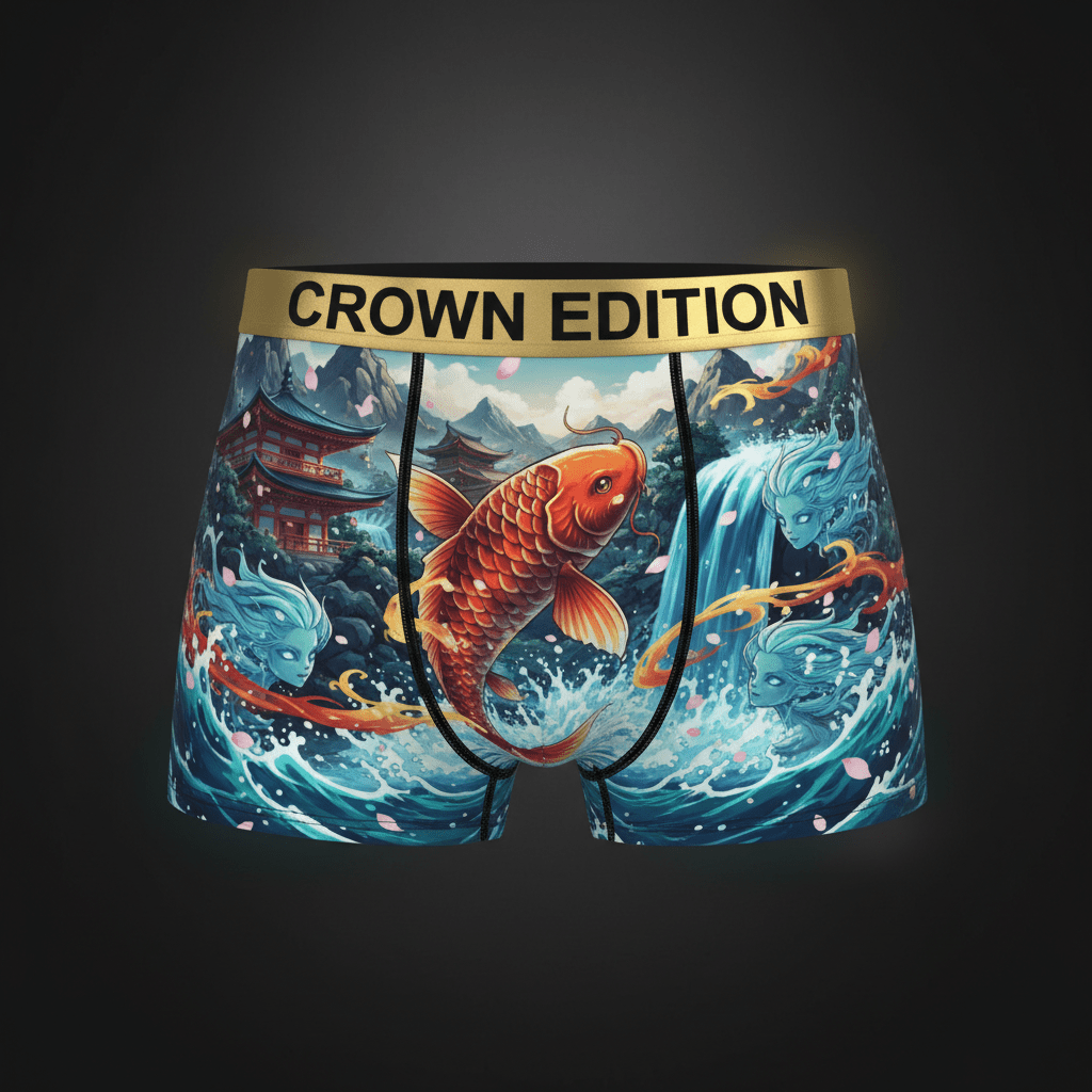 TITAN Koi Waterfall Men's Boxer Briefs Crown Edition — anime koi art on matte black