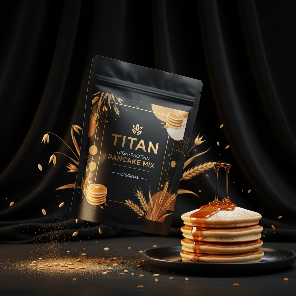 TITAN Organic High-Protein Pancake Mix Original — ultra-premium luxury editorial product shot