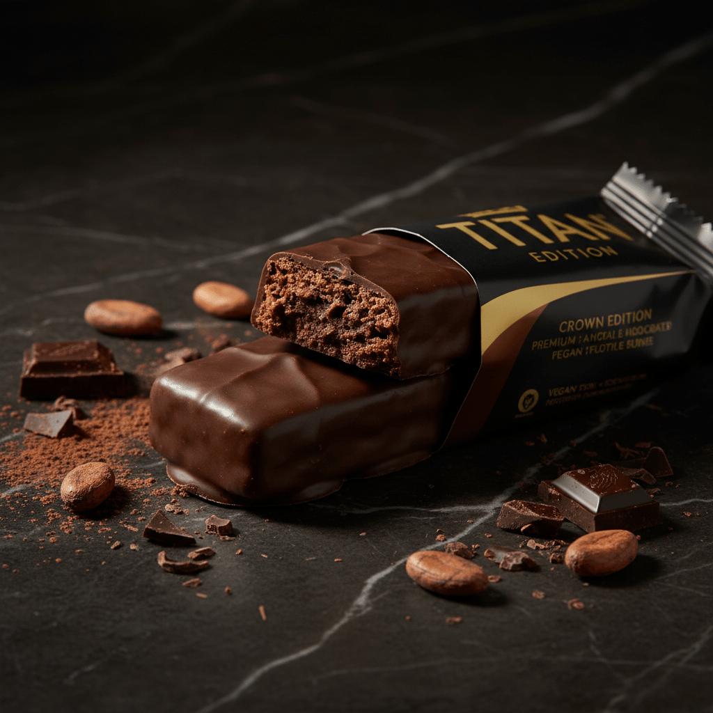TITAN Vegan Protein Bar Dark Chocolate Fudge Crown Edition — 20g protein rich dark chocolate vegan product shot