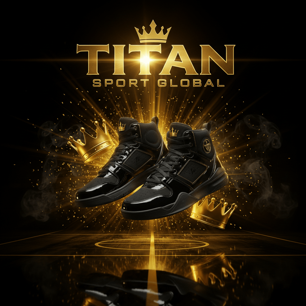 TITAN SPORT GLOBAL basketball shoes with gold crown branding on dark background