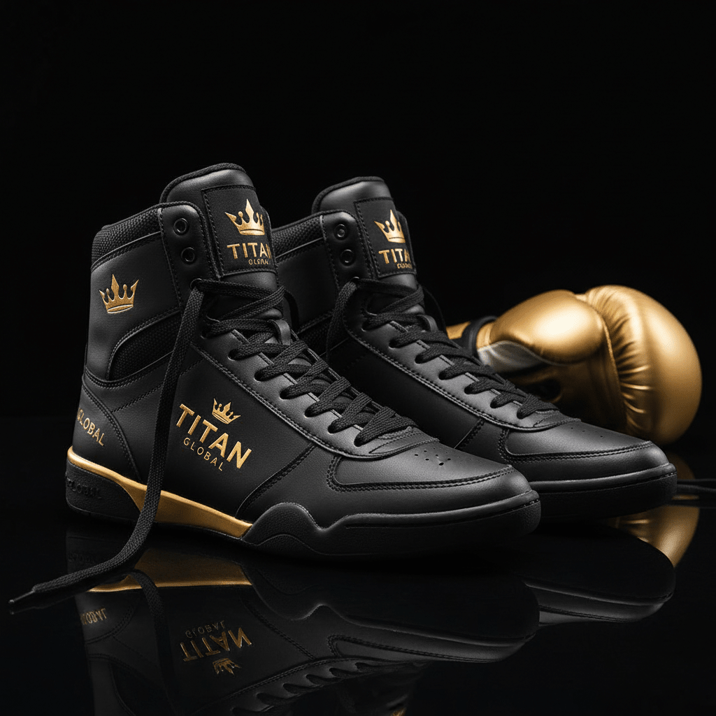 TITAN Boxing Shoes Elite High Top — matte black with gold crown logo