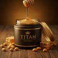 TITAN Peanut Butter Honey Roasted Crown Edition — premium wide-mouth black glass jar product shot