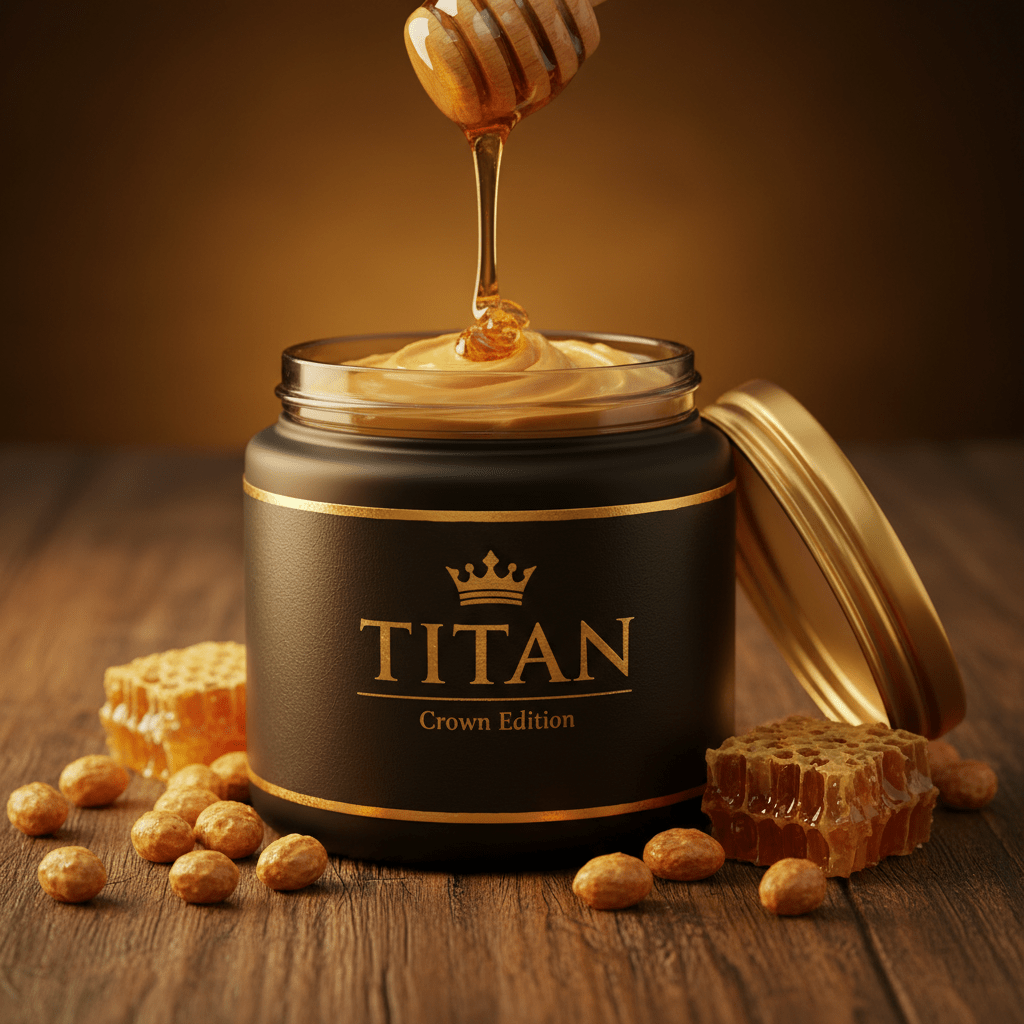 TITAN Peanut Butter Honey Roasted Crown Edition — premium wide-mouth black glass jar product shot