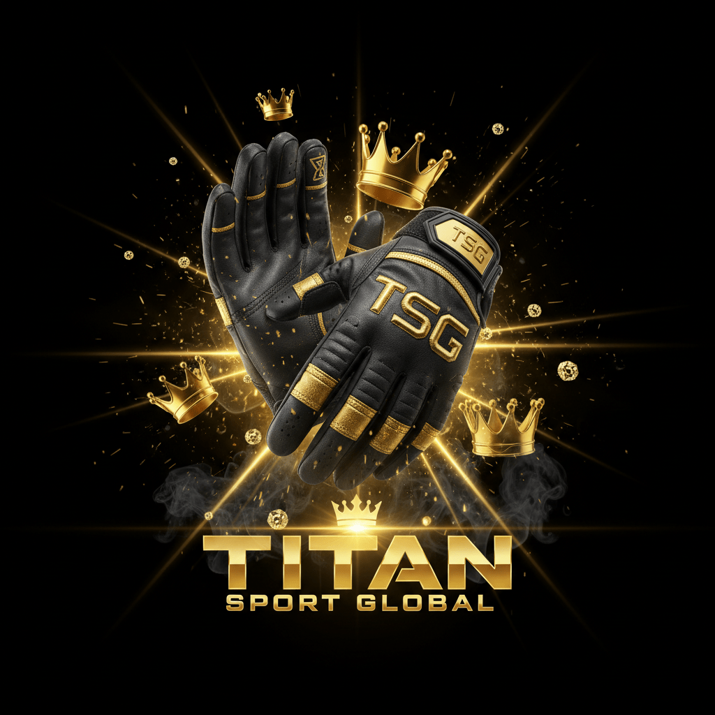 TITAN SPORT GLOBAL baseball batting gloves with gold crown branding on dark background