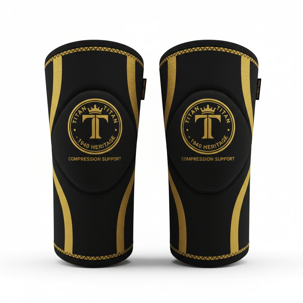 TITAN Knee Sleeves 1940 Heritage front view, black and gold colorway