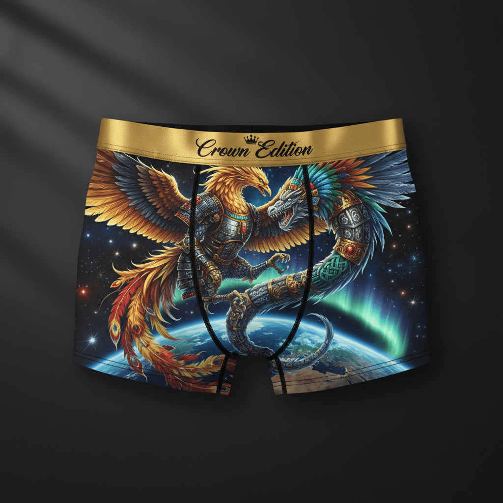 TITAN World Crown Women's Cozy Boxer Shorts Crown Edition Grand Finale — phoenix and dragon in world armor anime art on matte black