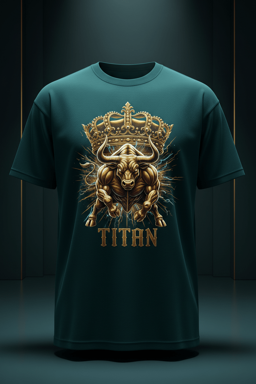 TITAN Bull Crown Graphic Tee in Teal Gold with gold bull crown graphic