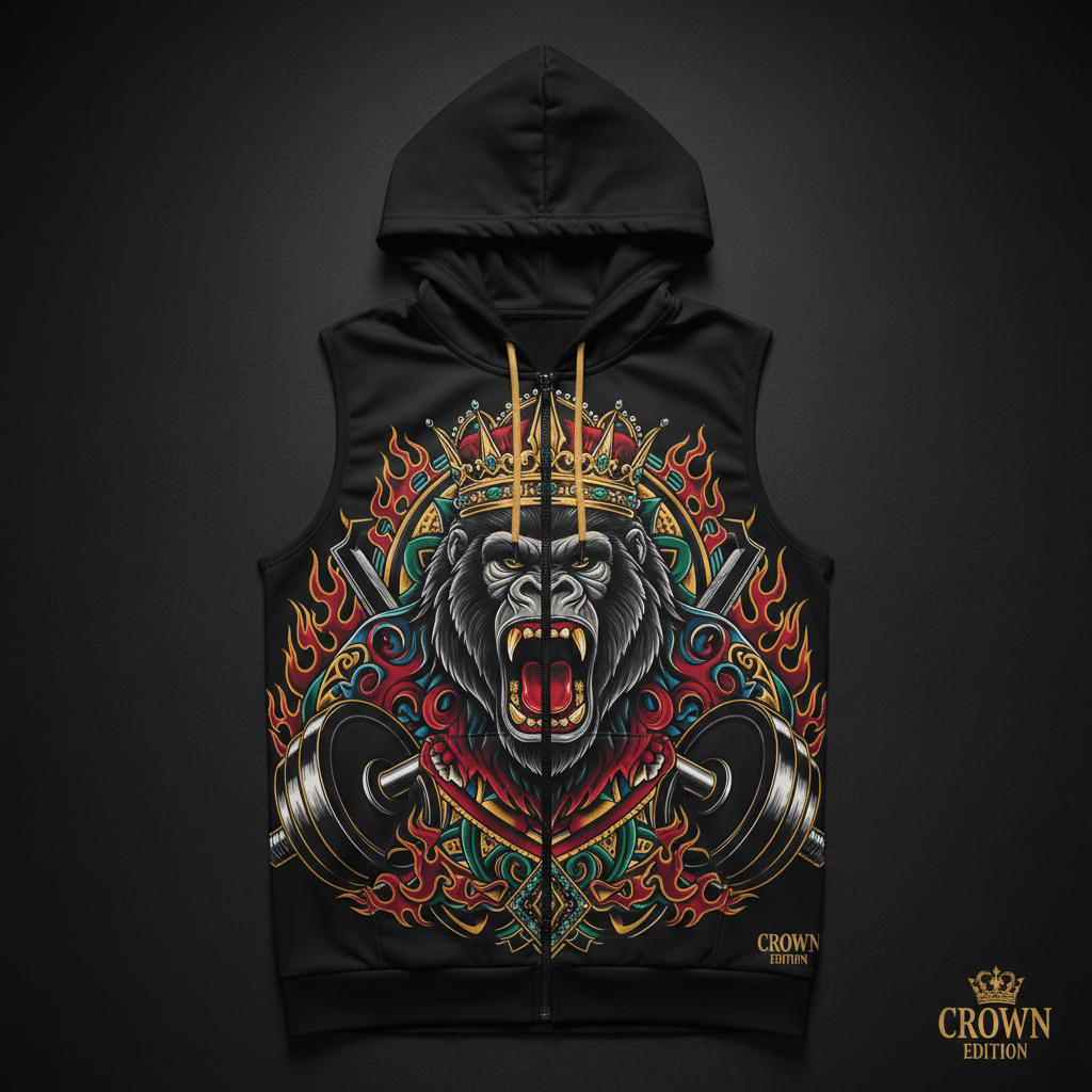TITAN Men's Sleeveless Training Hoodie - Crown Edition tattoo-style artwork