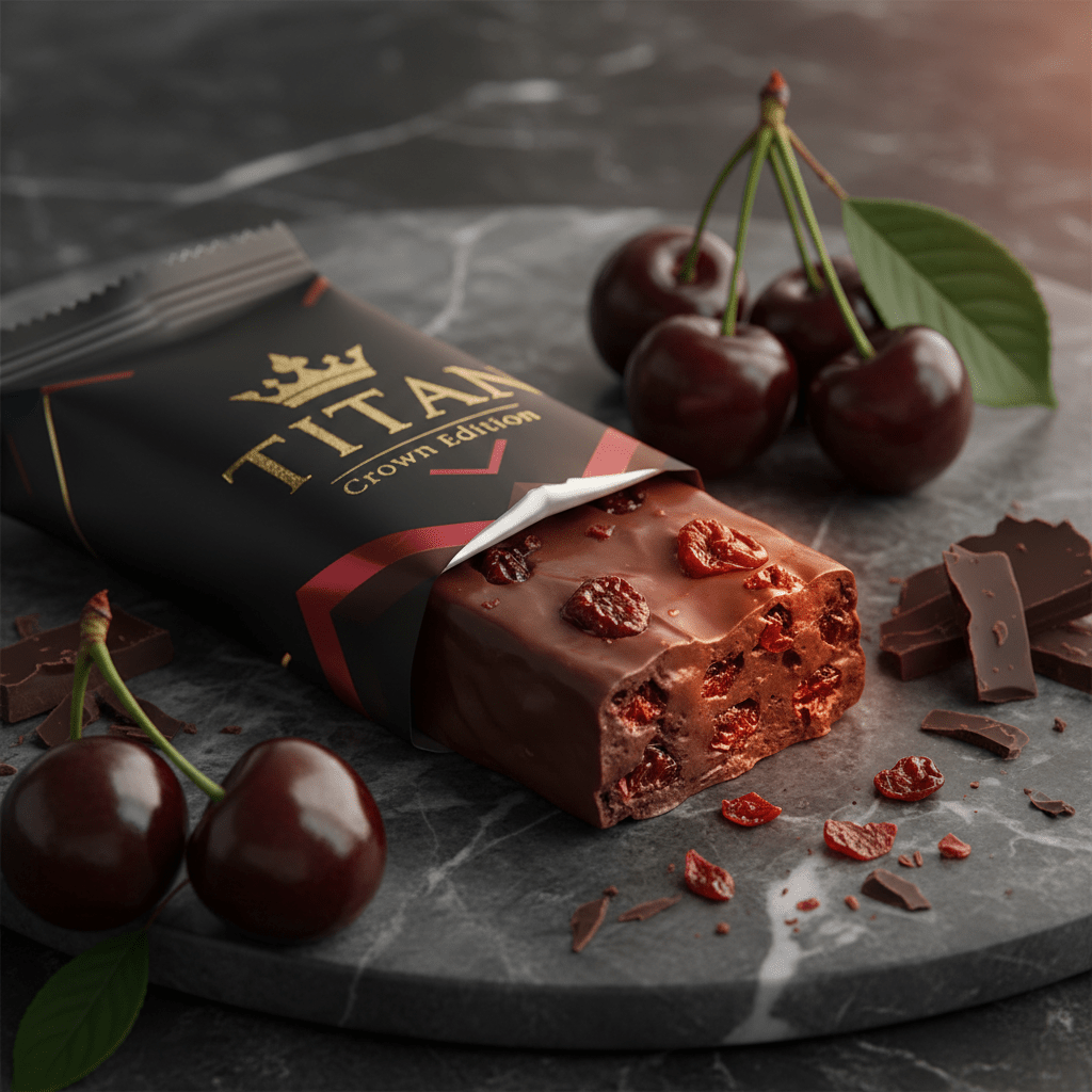 TITAN Vegan Protein Bar Cherry Chocolate Crown Edition — 20g protein premium product shot