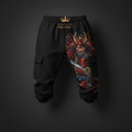 Black cargo joggers featuring a detailed Samurai warrior graphic in red, gold, and blue on the right leg.