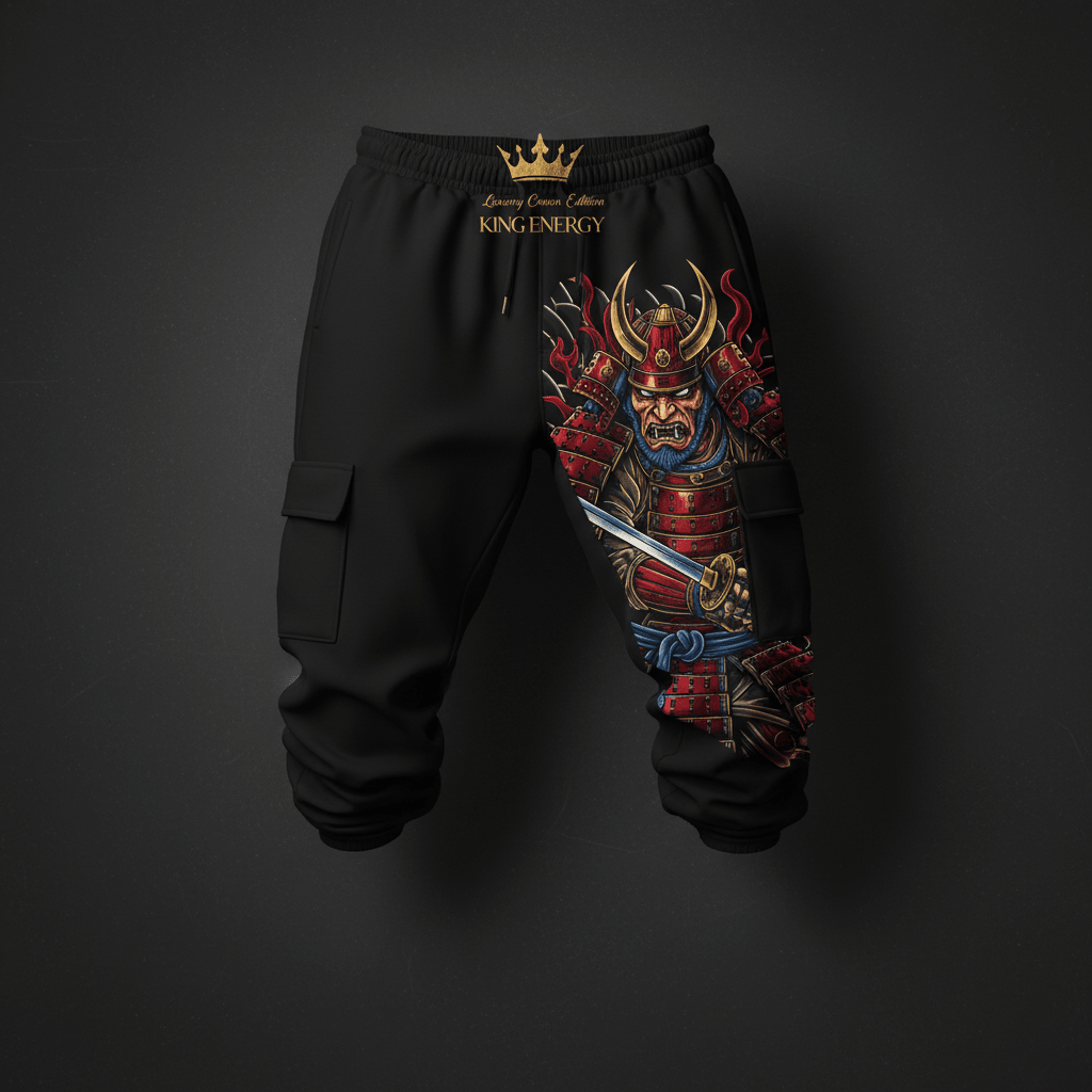 Black cargo joggers featuring a detailed Samurai warrior graphic in red, gold, and blue on the right leg.