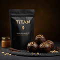 TITAN Keto Fat Bomb Mix Peanut Butter Chocolate — moody angled shot with chocolate-drizzled fat bombs, crushed peanuts and dark chocolate shavings