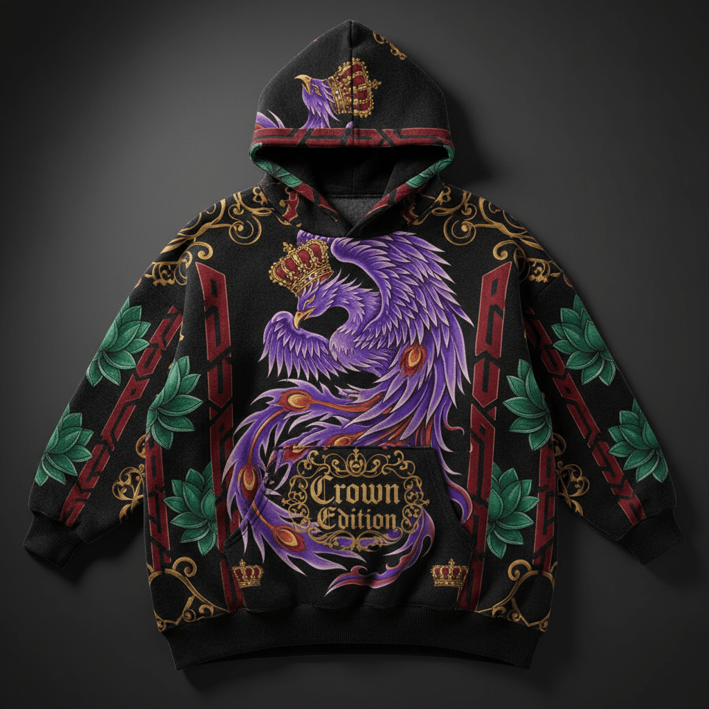 TITAN Crown Edition Tattoo Art Women's Lounge Hoodie - bold phoenix lotus tattoo artwork on matte black heavyweight fleece