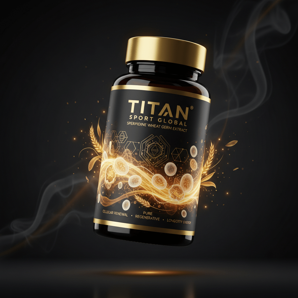 TITAN Spermidine Wheat Germ Extract black glass bottle with 24K gold accents and glowing cellular autophagy renewal artwork in wheat gold, cream and white