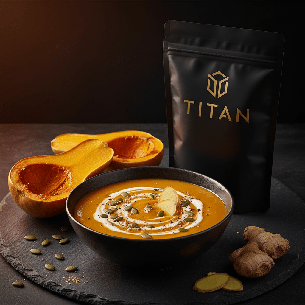 TITAN Clean Eating Protein Soup Butternut Squash — cozy overhead bowl shot with velvety orange soup, coconut cream swirl and roasted seeds