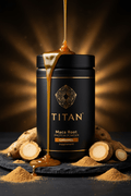 TITAN Maca Root Protein Powder Caramel — rich high-altitude Andean canister with maca root pieces, golden caramel drizzle and warm Andean highland lighting