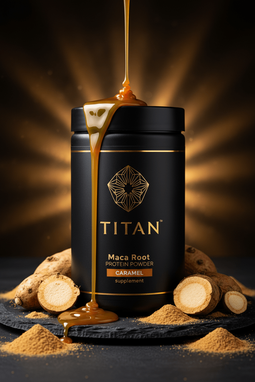 TITAN Maca Root Protein Powder Caramel — rich high-altitude Andean canister with maca root pieces, golden caramel drizzle and warm Andean highland lighting