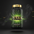 TITAN Beta-Alanine supplement bottle with Crown Edition matte black and gold packaging featuring electric spark and static charge artwork in neon green and yellow