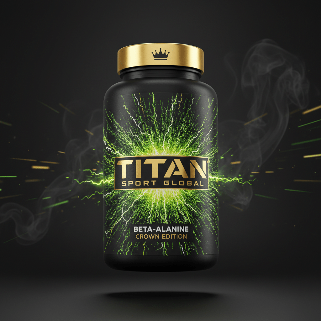 TITAN Beta-Alanine supplement bottle with Crown Edition matte black and gold packaging featuring electric spark and static charge artwork in neon green and yellow