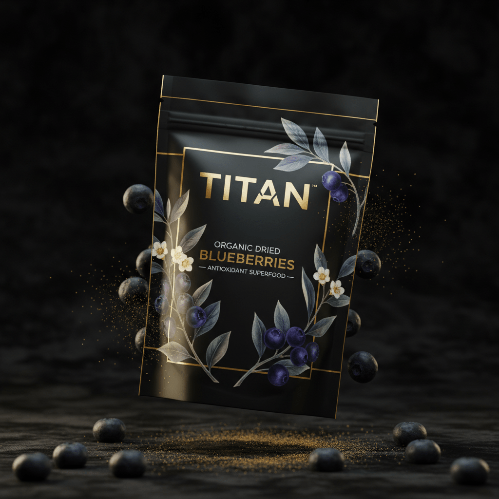 TITAN Organic Dried Blueberries Antioxidant Superfood — ultra-premium luxury editorial product shot