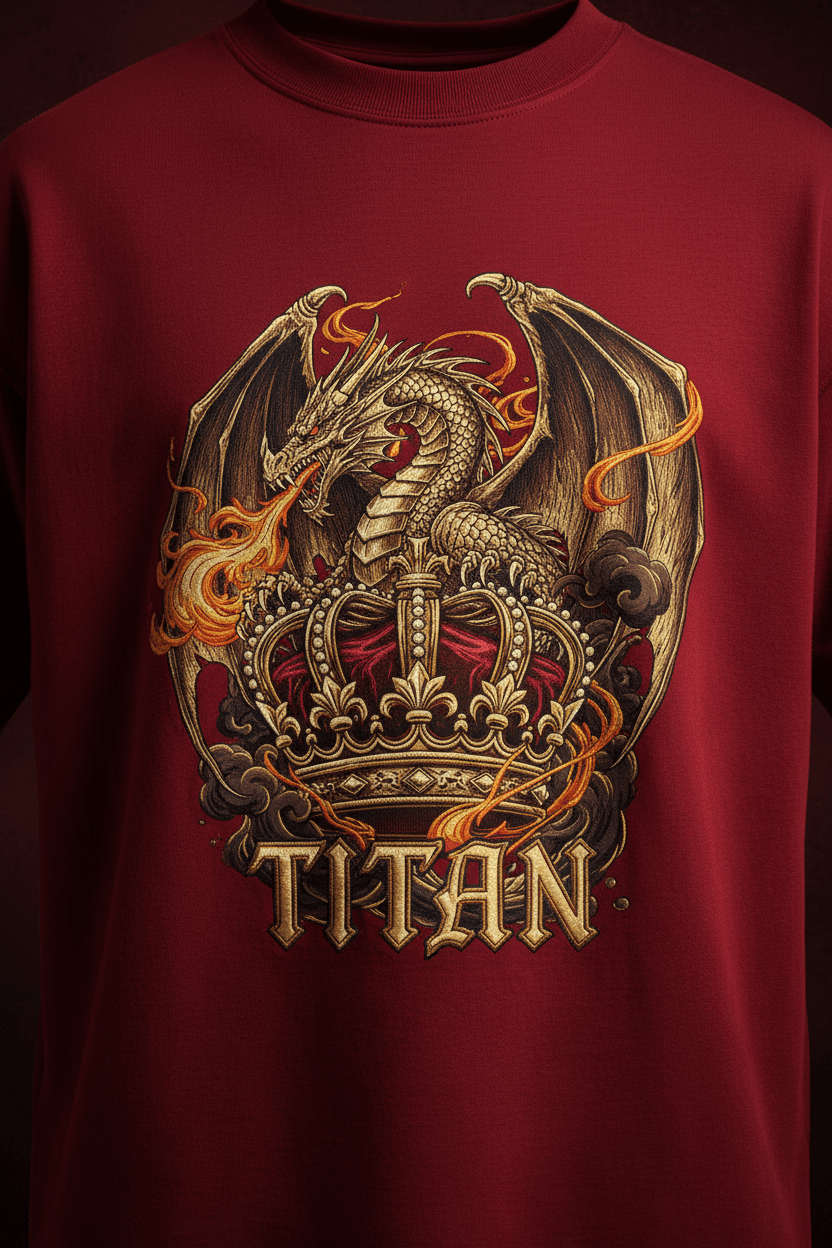 TITAN Dragon Crown Graphic Tee in Crimson Gold with gold dragon crown graphic