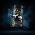 TITAN Magnesium Glycinate Capsules container with crescent moon, calming waves, crystal formations and crown tattoo-style Crown Edition artwork in deep indigo, silver and gold