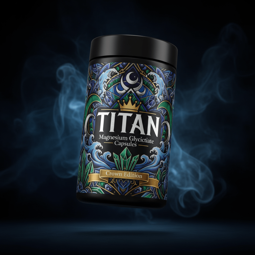 TITAN Magnesium Glycinate Capsules container with crescent moon, calming waves, crystal formations and crown tattoo-style Crown Edition artwork in deep indigo, silver and gold