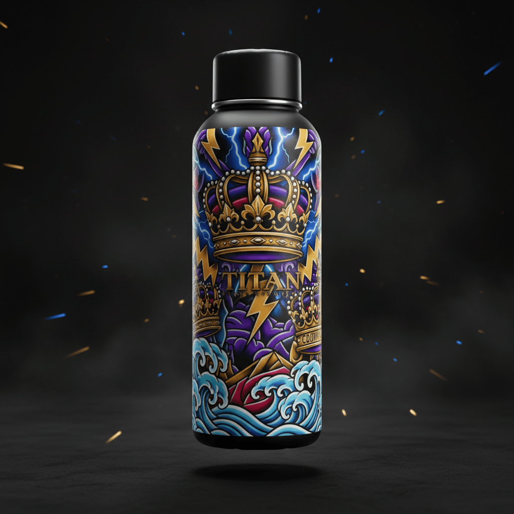 TITAN Hydration Sports Bottle 32oz with lightning bolt and crown tattoo-style Crown Edition artwork in royal blue, purple and gold