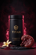 TITAN Reishi Mushroom Protein Powder Vanilla — dramatic ancient immortality canister with glossy reishi mushroom fan, vanilla bean and deep burgundy-crimson immortality glow