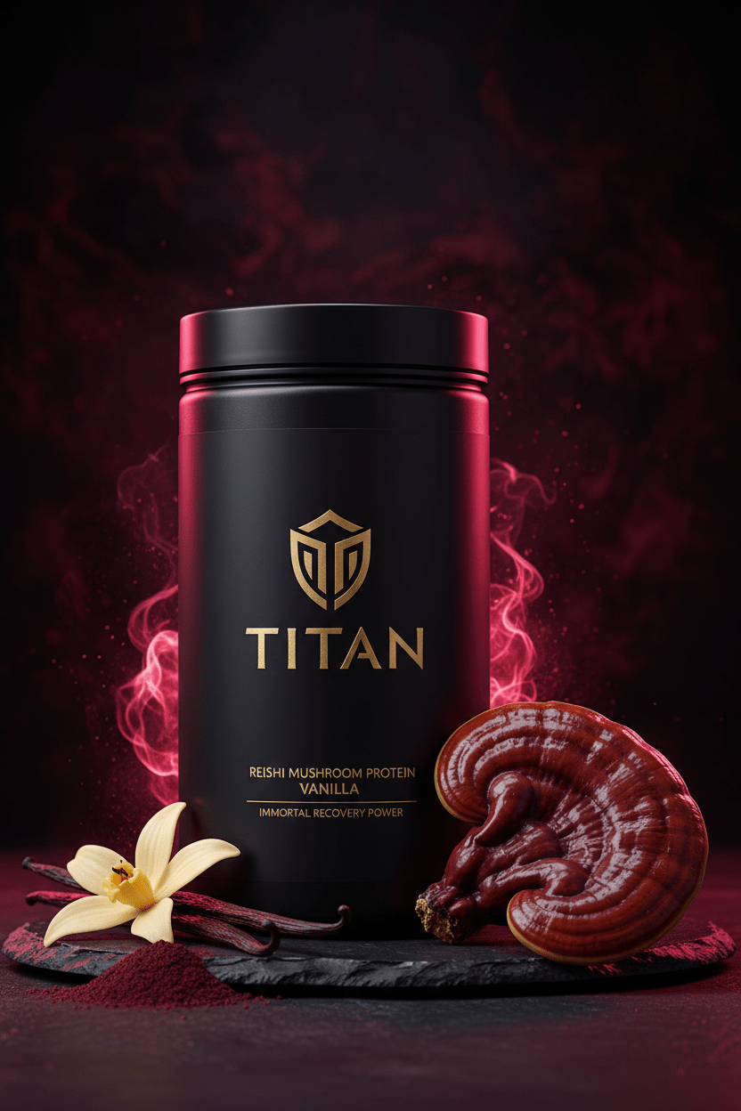 TITAN Reishi Mushroom Protein Powder Vanilla — dramatic ancient immortality canister with glossy reishi mushroom fan, vanilla bean and deep burgundy-crimson immortality glow