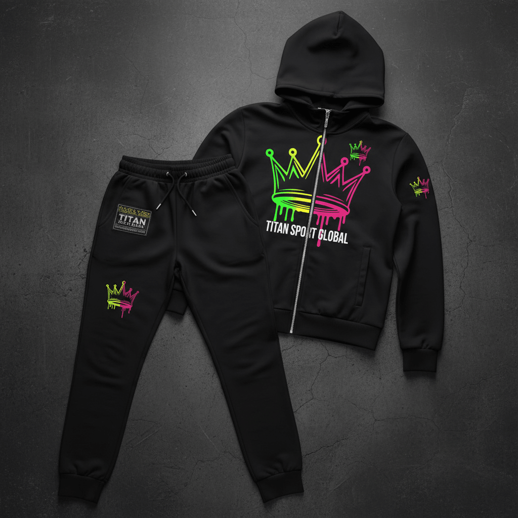 TITAN Women's Neon Drip Crown Tracksuit matching set flat lay