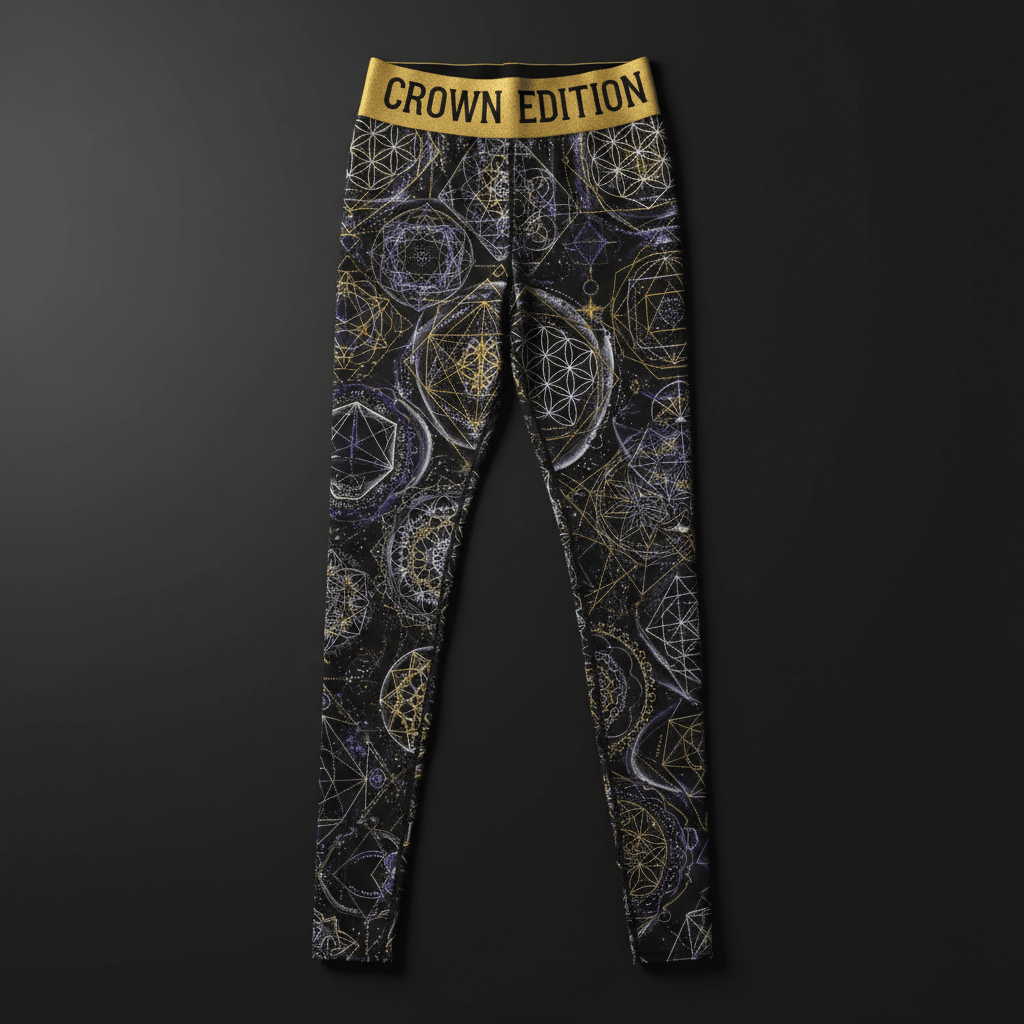 TITAN Crown Edition Women's High-Waist Leggings — Sacred Geometry tattoo artwork on matte black fabric