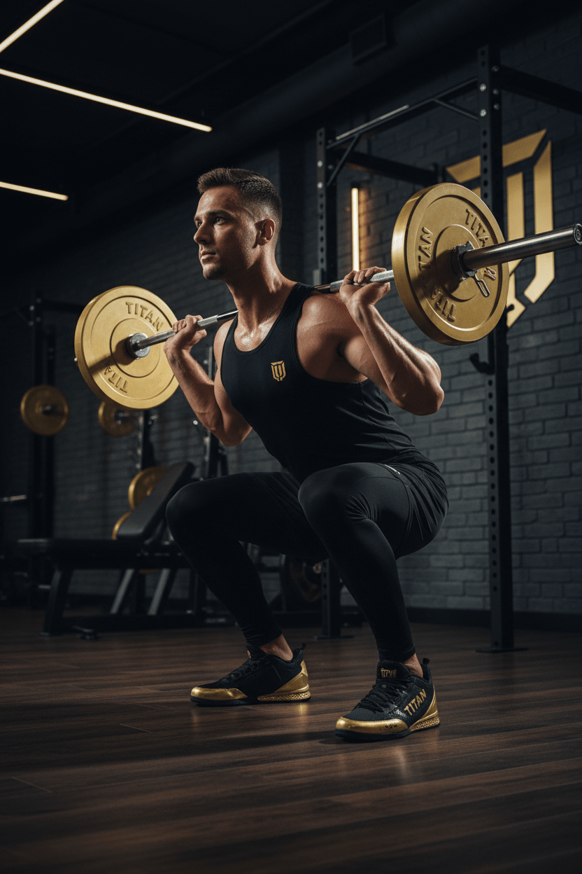 TITAN Weightlifting Shoes lifestyle shot, athlete squatting in gym