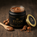 TITAN Hazelnut Butter Roasted Crown Edition — premium wide-mouth black glass jar product shot