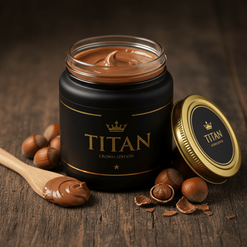 TITAN Hazelnut Butter Roasted Crown Edition — premium wide-mouth black glass jar product shot