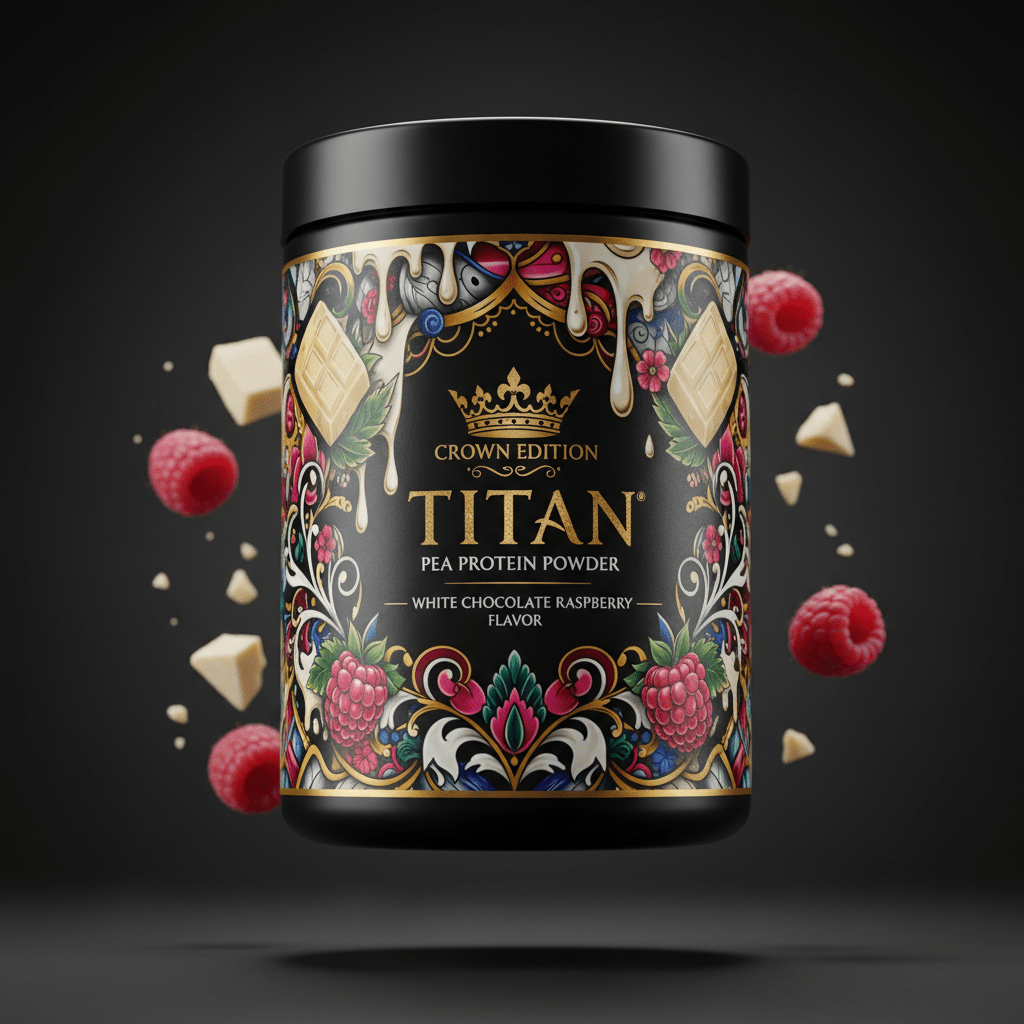 TITAN Pea Protein Powder — White Chocolate Raspberry, Crown Edition tattoo-style artwork