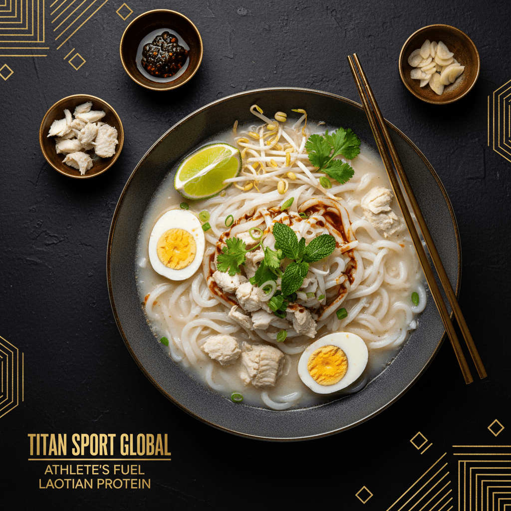 TITAN Laotian Fish Rice Noodle Soup Breakfast flat lay dark luxury
