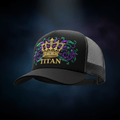 TITAN Printed Trucker Hat — Matte black structured front with gold crown tattoo artwork and mesh back panels