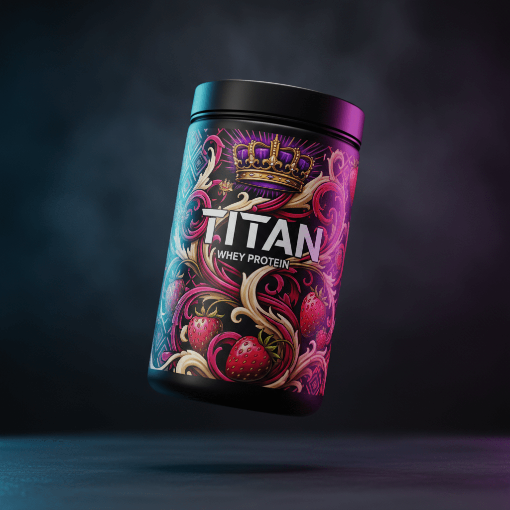 TITAN Whey Protein Strawberry Cream container with wild strawberries, cream swirls and crown tattoo-style Crown Edition artwork in hot pink, crimson and gold