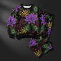 TITAN Crown Edition Tattoo Art Women's Lounge Matching Set - bold lotus peacock tattoo artwork on matte black fleece